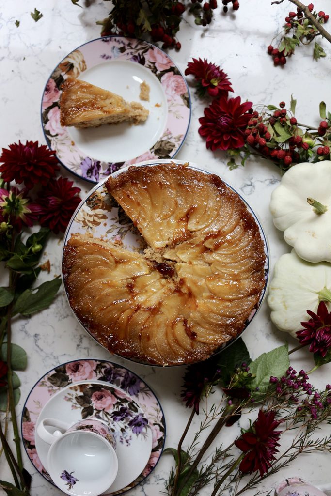 Salted caramel apple and ginger upside-down cake