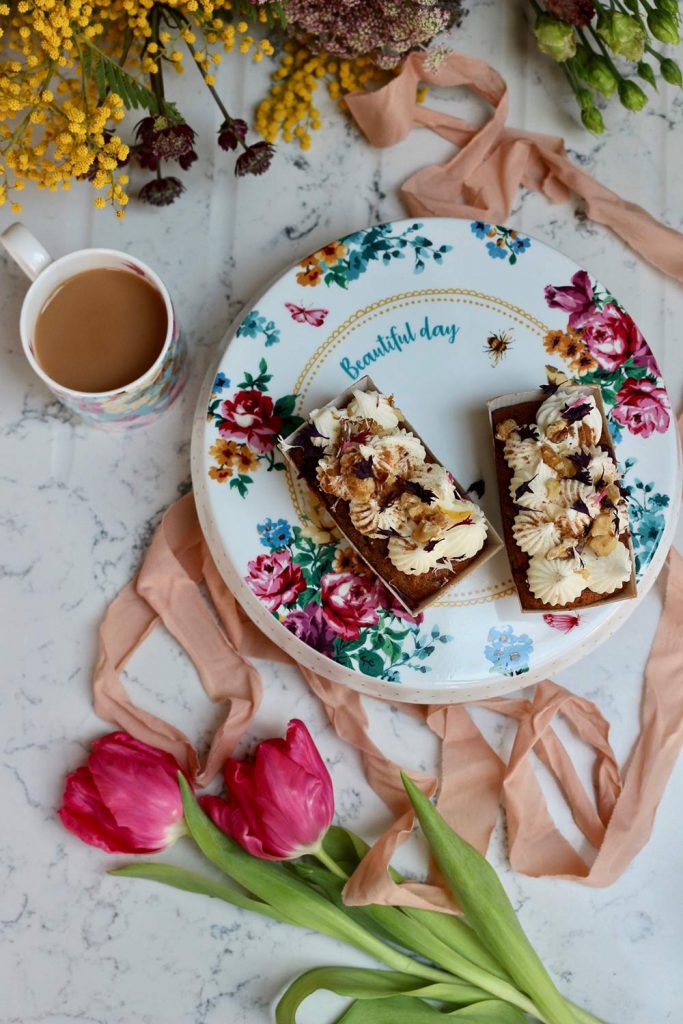Carrot cake on our pretty, vintage floral cake stand 